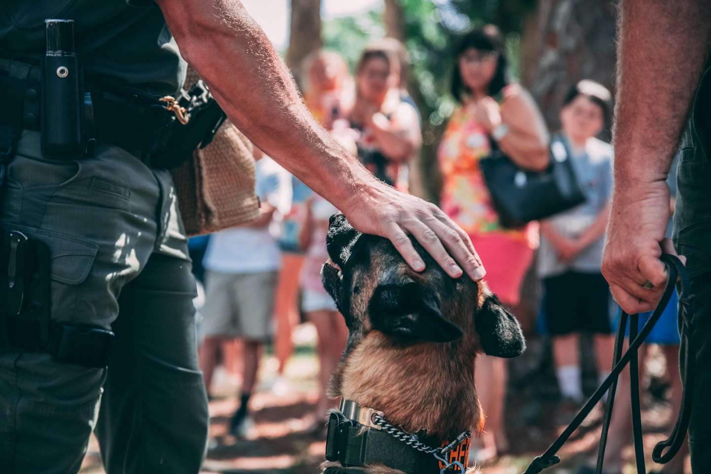 Police officer pets K9 dog during a public event.